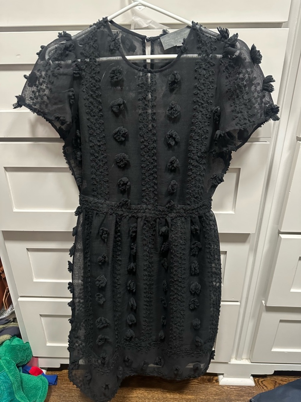 Anthropologie Sunday in Brooklyn Black Textured Pom-Pom short sleeve Dress